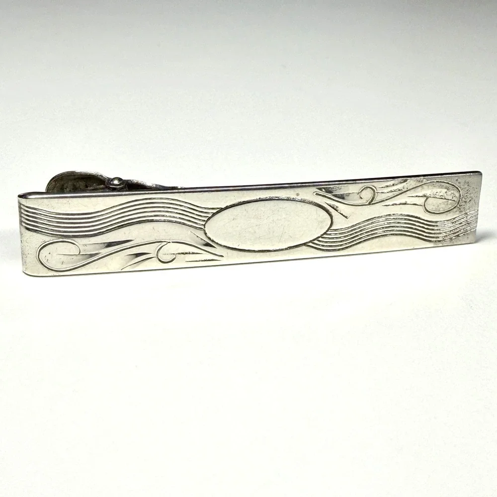 Vintage Anson Sterling Silver Tie Clip Bar Engraved Scroll Wave Design MCM 8.28g